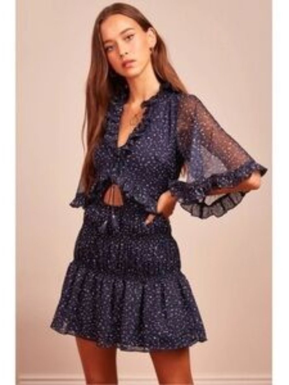 Finders Keepers Locales Mini Dress XS Navy Chiffon Ruffle Whimsigoth Fairy